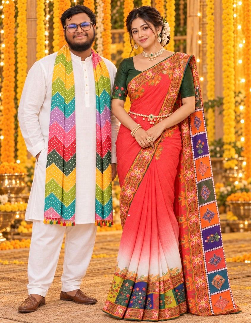 Holud dress inspiration: coral saree with a green blouse and white panjabi with a colourful dupatta